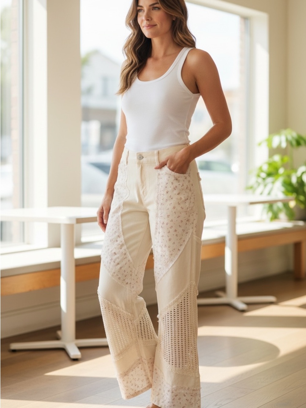 POL Med. Cream Floral Wide Leg Pants